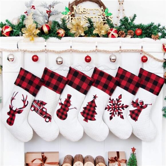 Set of 6 ChristmasStocking(20inch) Silhouette Buffalo Red Plaid/Rustic/Farmhouse - Picture 2 of 7